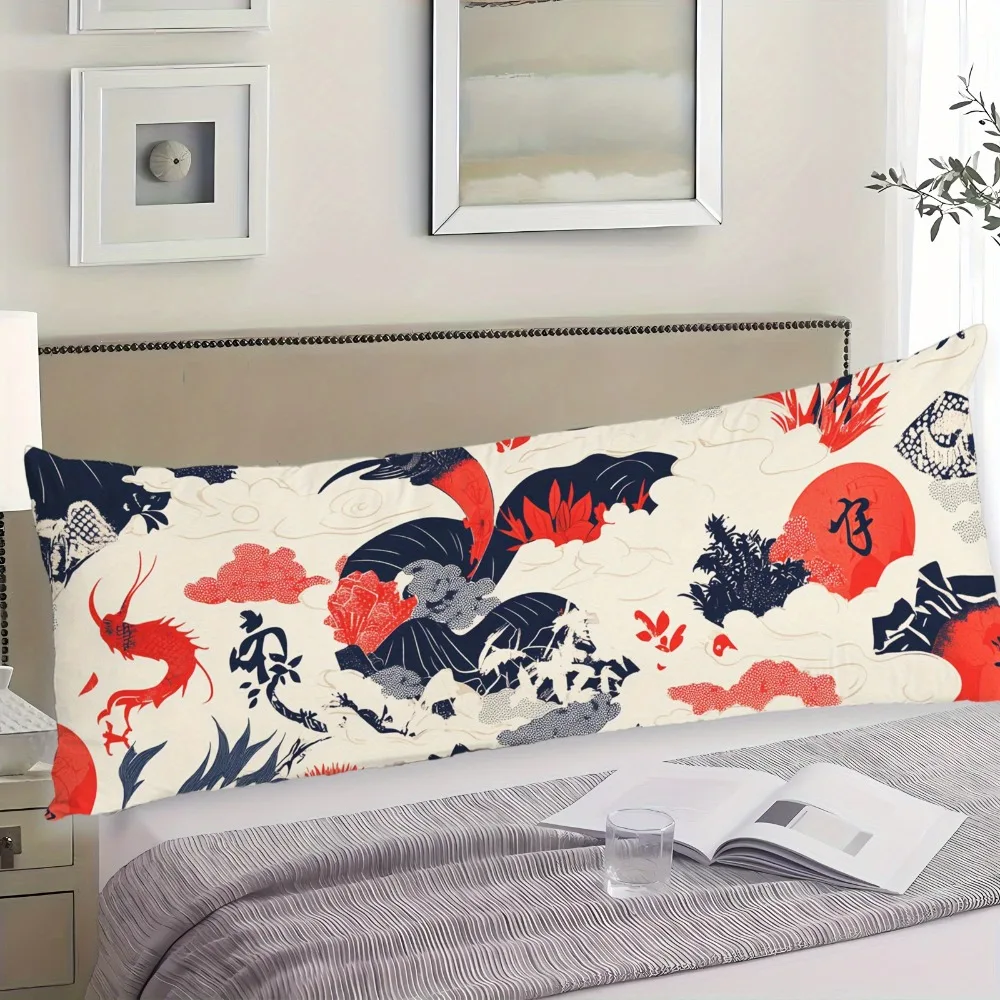A Japanese Dragon And Cloud Asian Style Decorative Pillowcase - 20X54 Inches with a Zipper, Featuring Vibrant Red, Blue, Gray, A