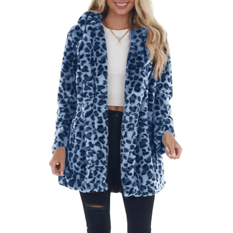 Casaco de pele sintética leopardo feminino grosso quente jaqueta de inverno manga longa casaco turn down collar streetwear moda bolsos outerwea