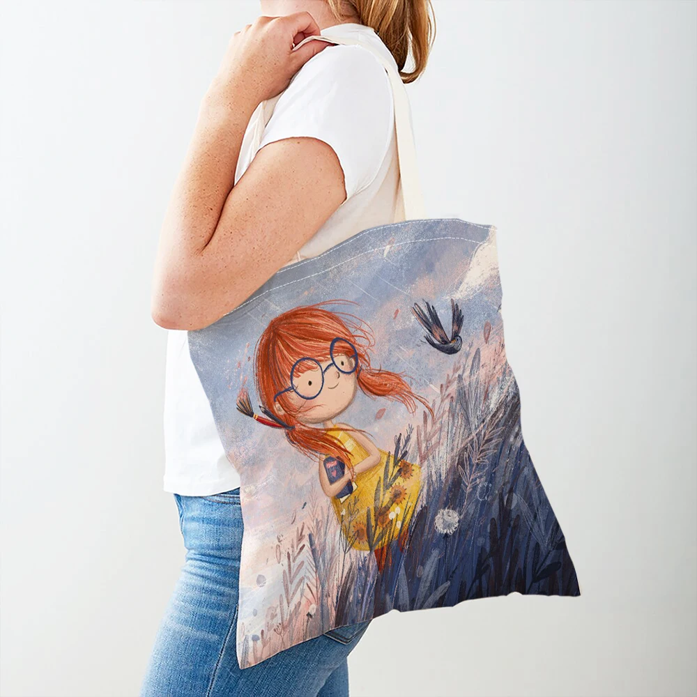 Cartoon Fairy Tale World Little Girl Double Print Women Shopper Bags Ladie Shopping Bag Shoulder Handbag Canvas Children Tote