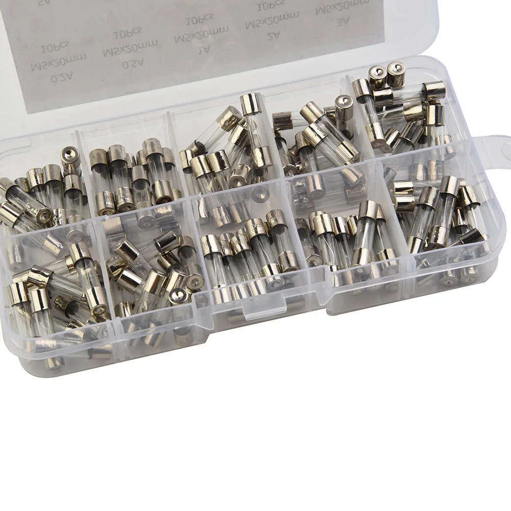 100pcs Glass Fuses Kit Insurance Tube Household 16*12*2.1cm 250V Glass 0.2A-20A Practical High Quality 100pcs Glass