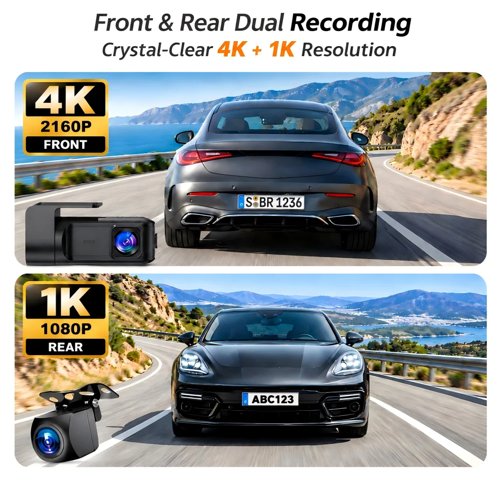 AUBERON Dual Dash Cam 4K Front+1080P Rear Built‑in 2.4G WiFi Viidure APP GPS Optional 24H Parking Monitor Car DVR Recorder