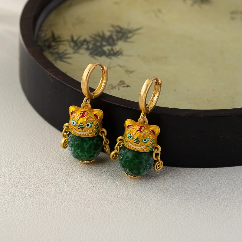 Chinese Style Ethnic Jewelry Enamel Craft Tiger Head Hat Glass Beads Ancient Method Drip Glazed Earrings for Women Special gift