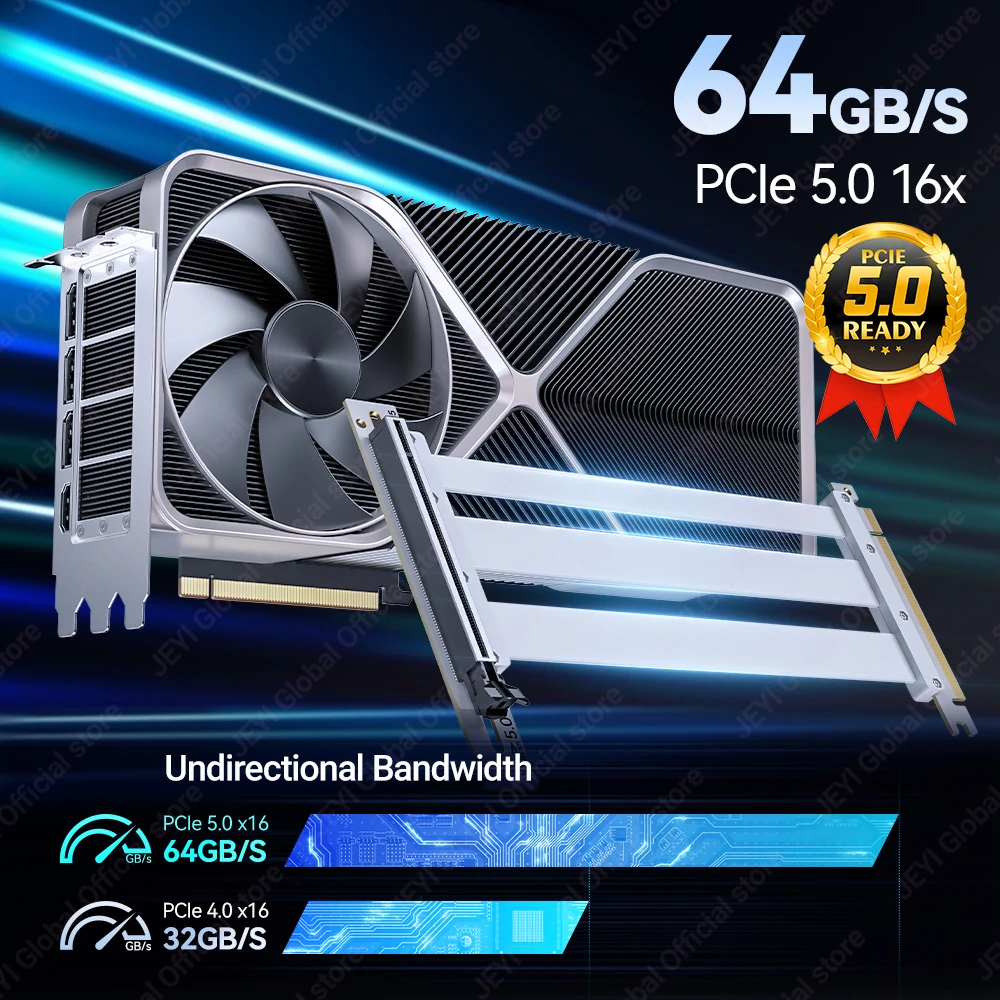 JEYI PCIe 5.0 X16 Riser Cable - 90° GPU Extension for RTX 5090/4090 & RX 7900 XTX, Mining Rig, WRX80/TRX40, 15cm/18cm/20cm/30cm