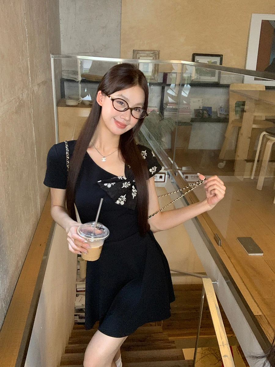 Ele Bla Summer Dr Damen Faionable Waist-Cut Rock High Waist ort Sve Round Ne H-Sle Cotton Blend Dr