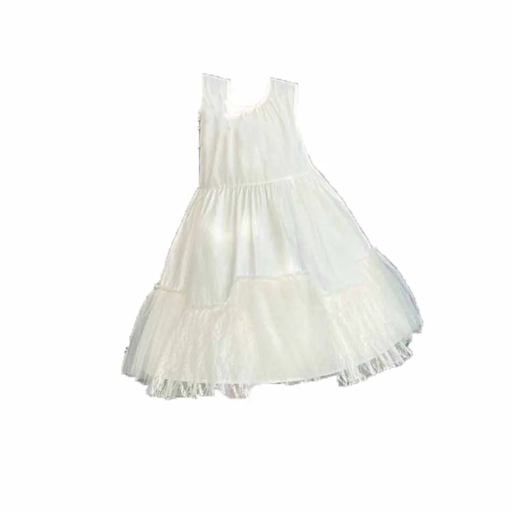 

Fashion Loose Girls Sleeveless Dress Lace Mesh Teenagers Summer Dresses Sweet Pleated Children Princess Dress Beach