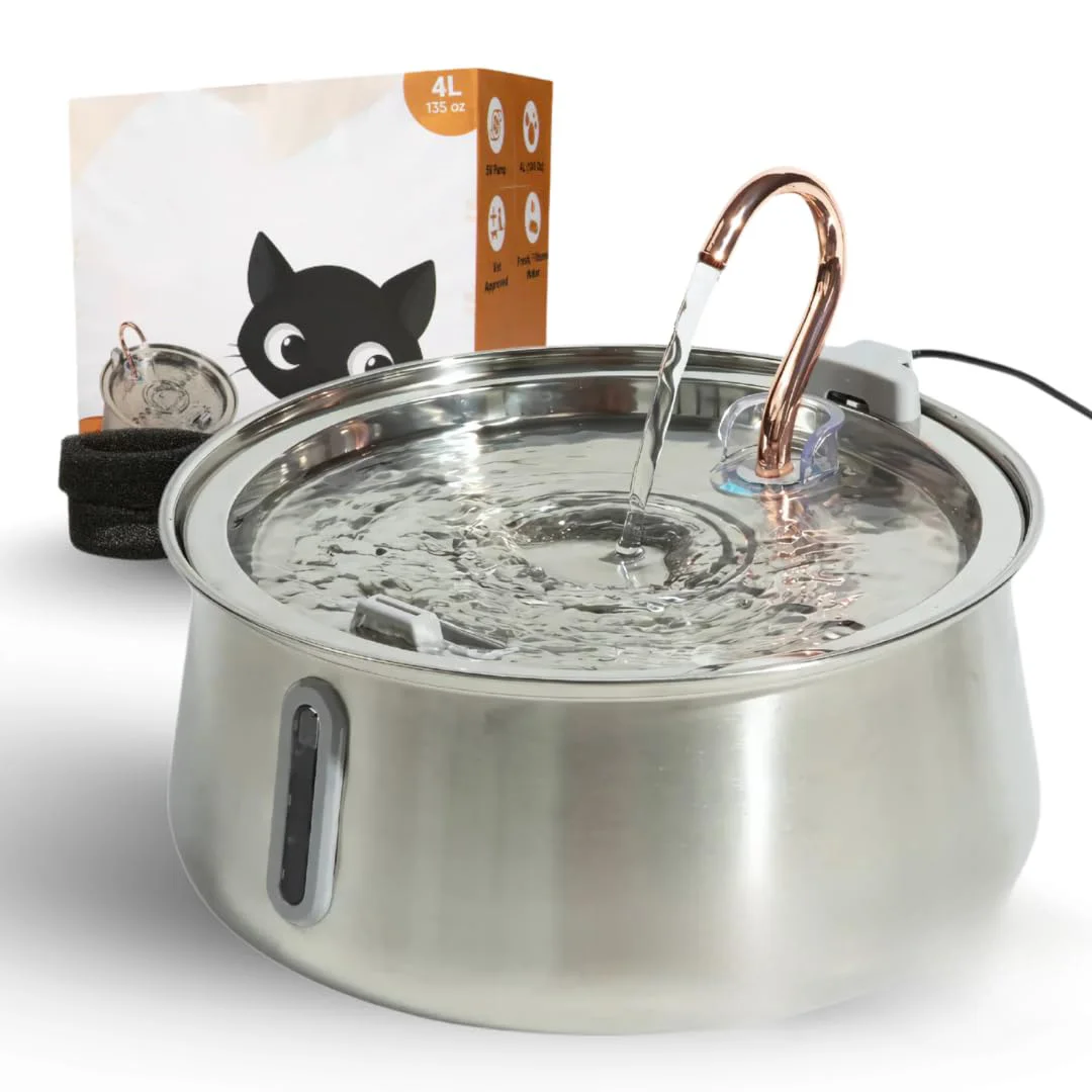 4L Large Capacity Stainless Steel Automatic Cat Water Fountain For Multiple Cats Indoor Use Durable & Hygienic Easy To Clean