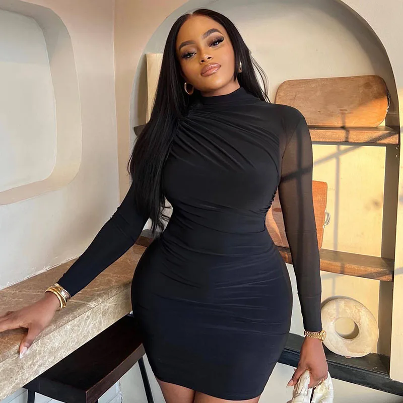 Doyerl zwarte bodycon-jurk met lange mouwen vrouw nachtclub feest schede slanke elastische elegante korte jurken vestidos de fiesta