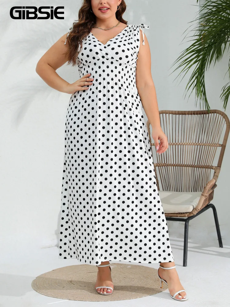 

GIBSIE Plus Size Polka Dot V Neck Sleeveless Dress For Women 2024 Summer Knot Shoulder Vacation Casual Elastic A-line Maxi Dress