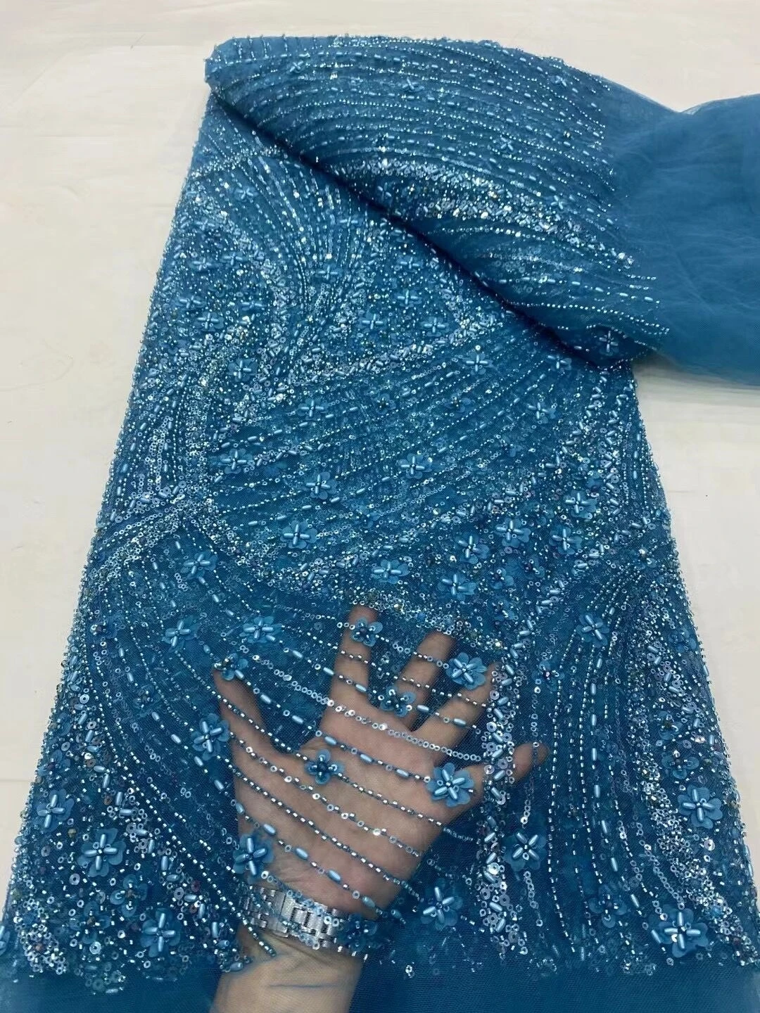Blue African Luxury Beaded 2024 Nigerian Handmade Heavy Sequins Pearls Lace Fabric Tulle Lace Fabric for Bridal Wedding Dresses