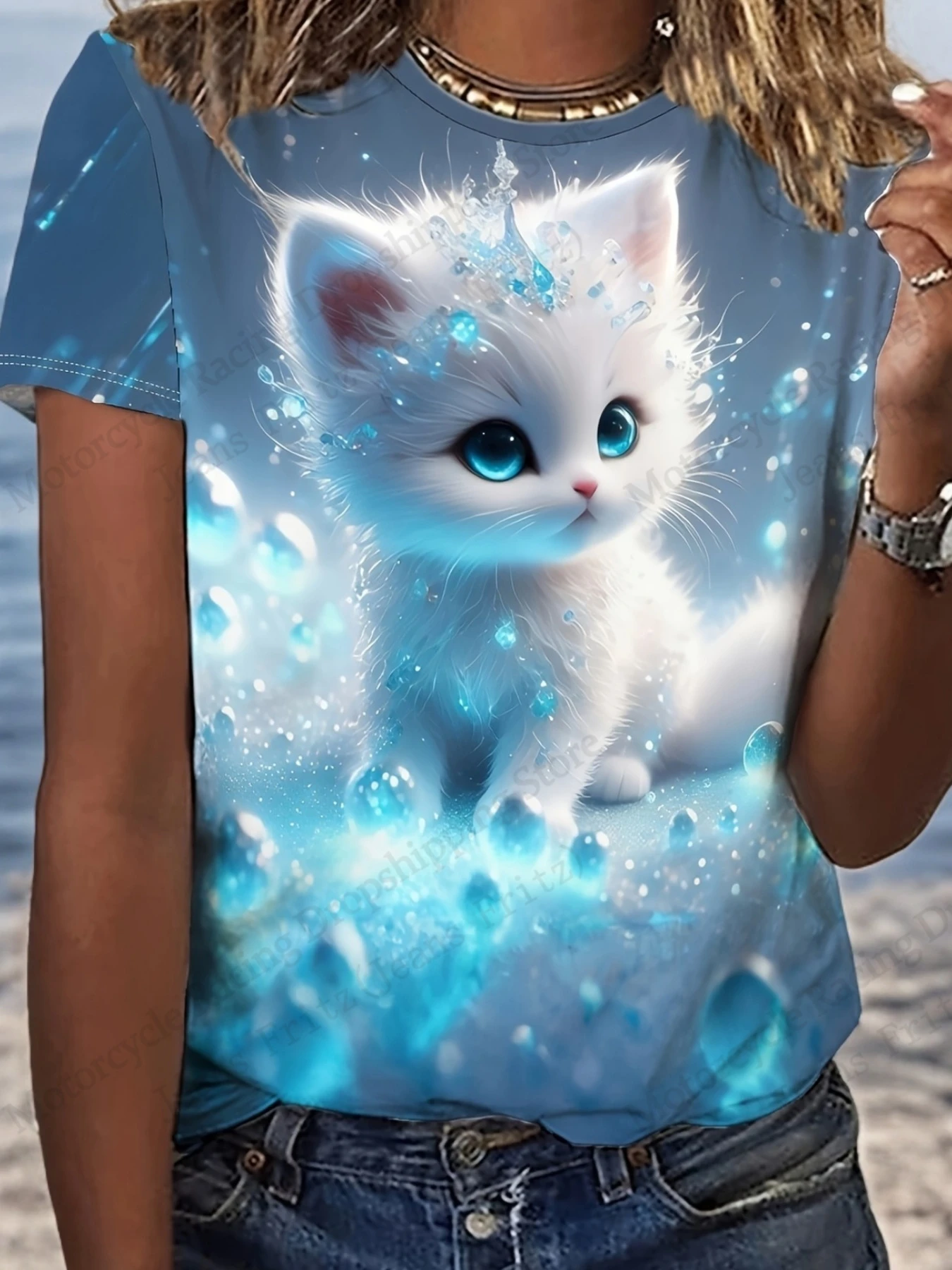 جديد الكرتون لطيف القط ثلاثية الأبعاد تي شيرت مطبوع المرأة موضة عادية المتضخم قصيرة الأكمام التي شيرت الحيوان هريرة بلايز تيز الملابس النسائية #1