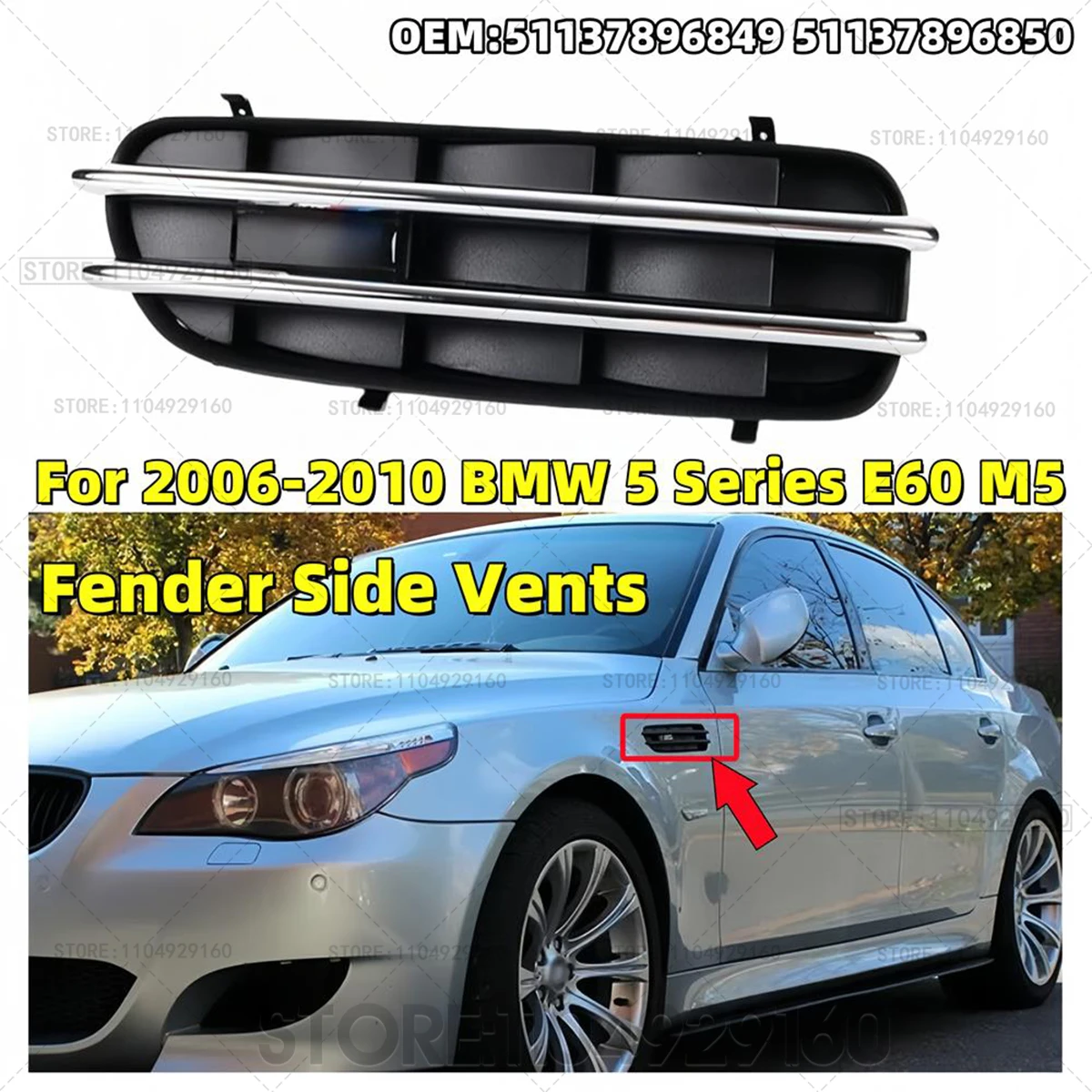 For 2006-2010 E60 BMW M5 5 Series Front Wing Grille Cover Panel Brand New Chrome Car Fender Side Vents 51137896849 51137896850