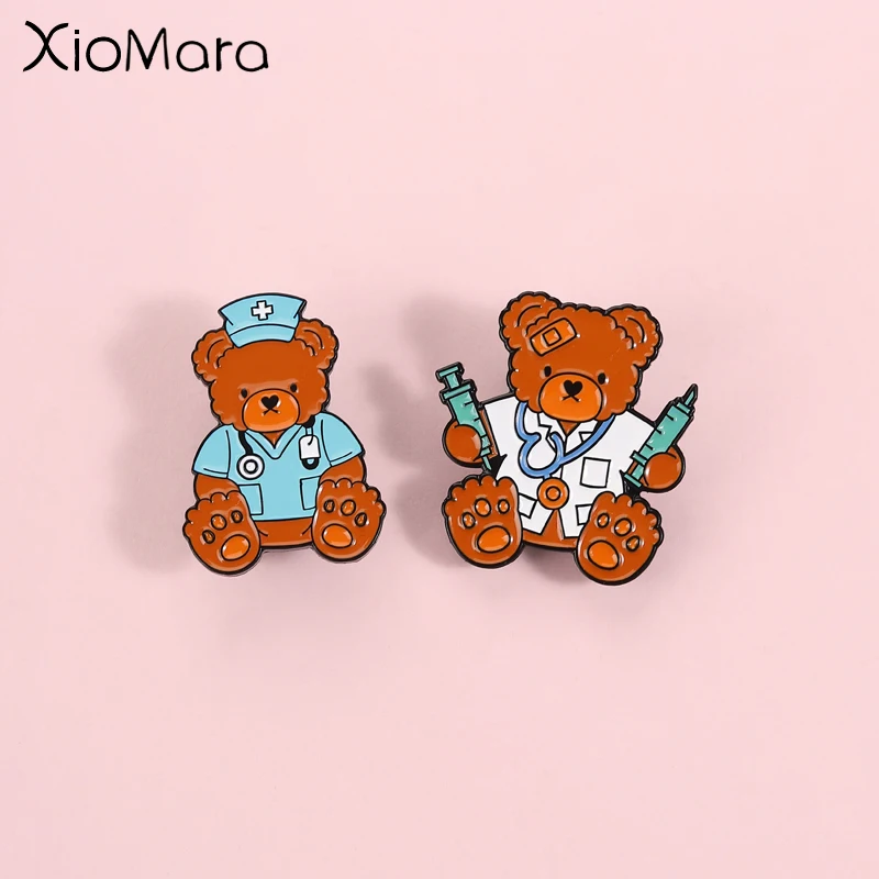 Cute Medical Bear Brooches Set, Zinc Alloy Enamel Material, Doctor Nurse Costume Bear Decoration, Unisex Daily Accessory Gift