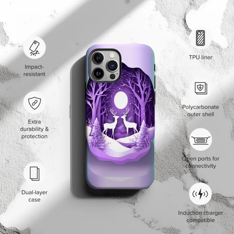 Purple Winter Night Reindeer Phone Case For IPHONE 16 15PRO MAX 14 13 12 11 Acrylic TPU Two in one magnetic Phone Cases