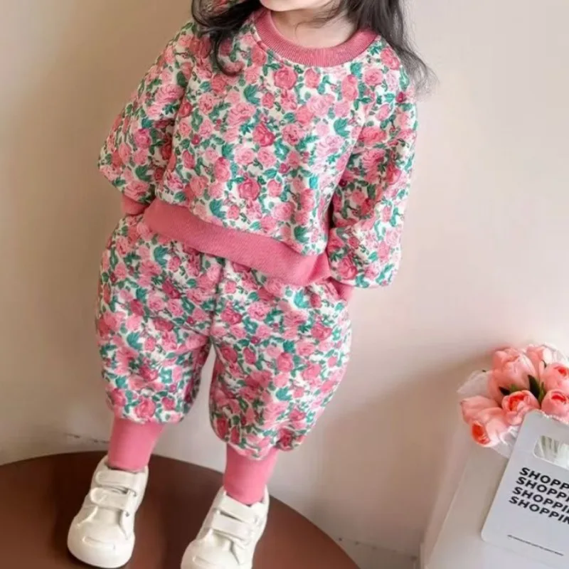 Spring and Autumn Girls' Set Personality, Trendy Countryside Fragmented Flowers, Fresh Hoodie, Legged Sports Pants