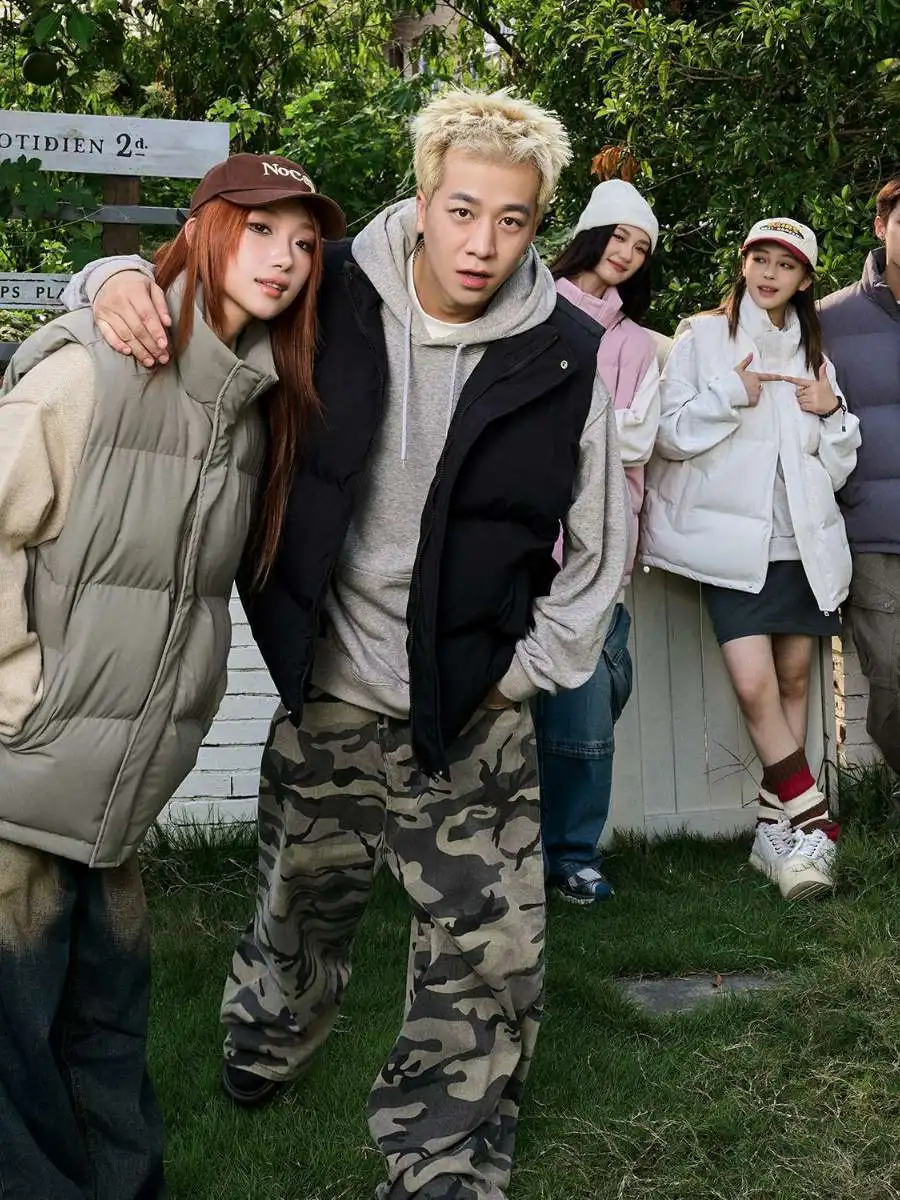 

Men's Thiened Cotton Vest down Jaet American Retro Sle Warmth Couple Outerwear Long Zipper Color Autumn Winter