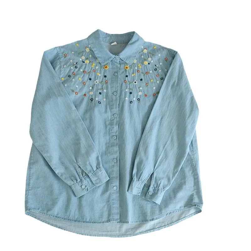 Mori kei fashion Japanese style flower embroider denim shirts and blouses women autumn cotton jean shirt boho clothes