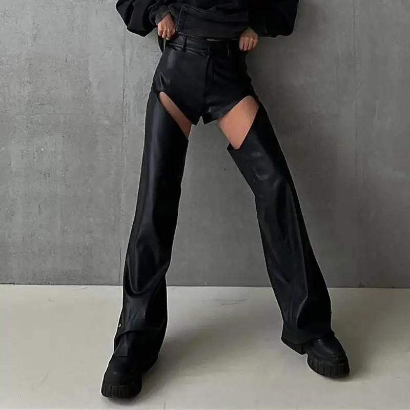 Spring New Women Leather Pants Black Hollow Out Pu Leather High Waist Female Straight Pants Fashion Trend All-Matched Trousers