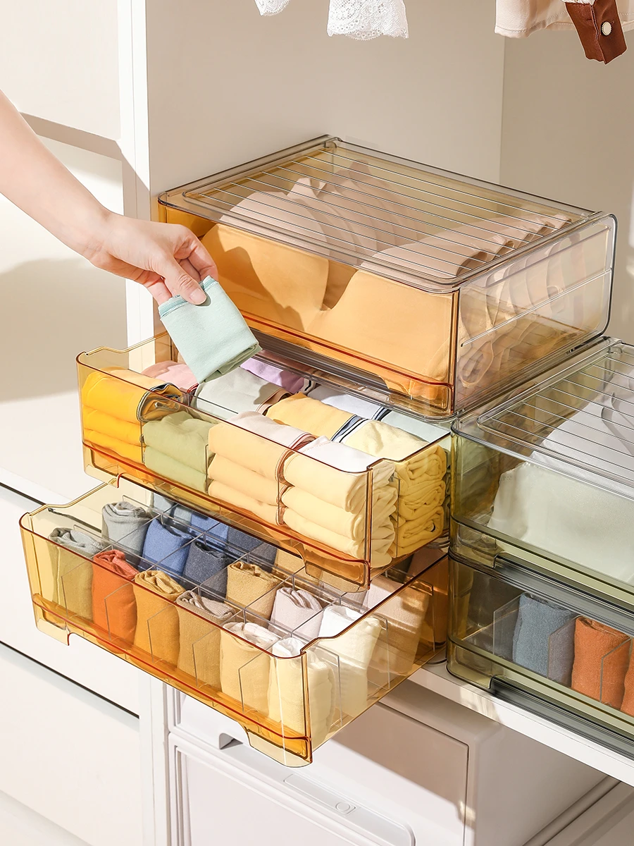 Caixa Organizadora Transparente Tipo Gaveta para Roupas Íntimas e Meias, Três em Um, para Armário e Guarda-Roupa Doméstico, c...