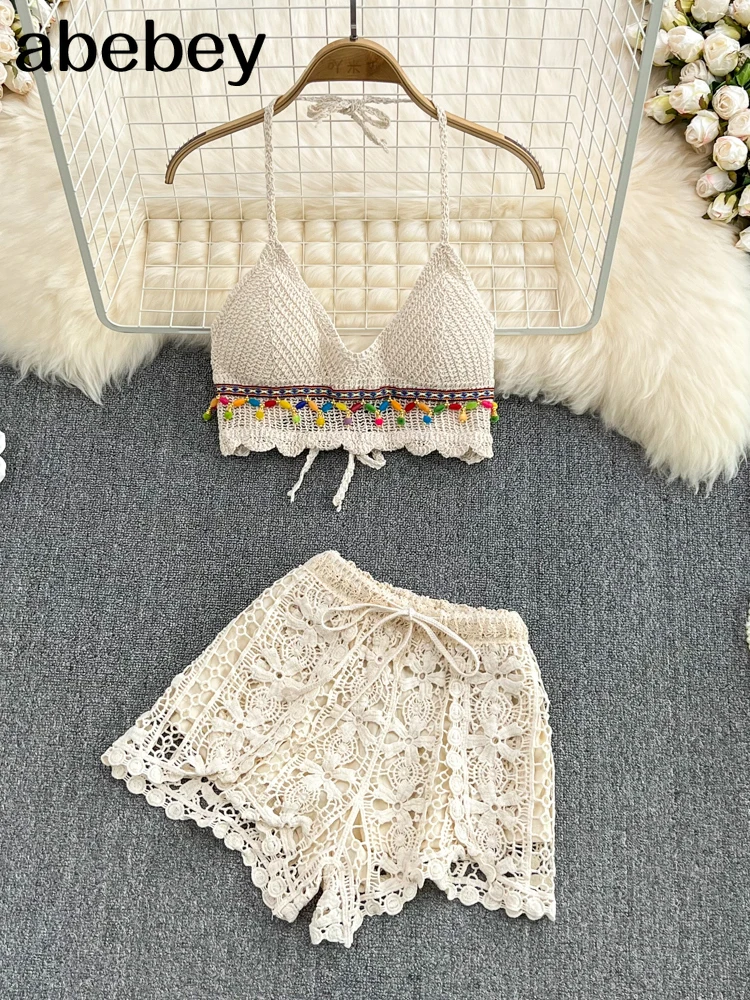 

Seaside Holiday Suit Women's Summer Wear 2022 New Retro Crochet Hollow Knitted Suspender Top + Shorts 2pcs Set