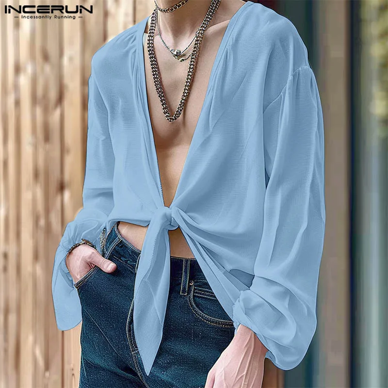 

INCERUN Men Shirt Solid Color Deep V Neck Long Sleeve Pleated Casual Men Clothing 2024 Steetwear Lace Up Fashion Camisas S-5XL