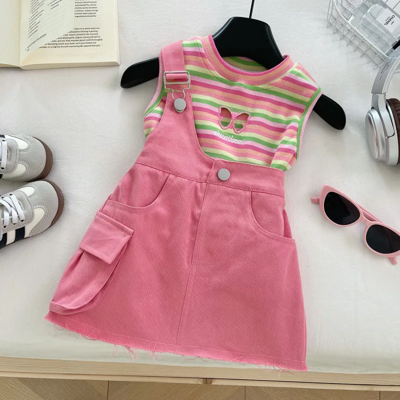 

Children's Denim Set New Summer Girls' Fashionable Striped OutfitTSweet Style Two-Piece Set with Strap Pants