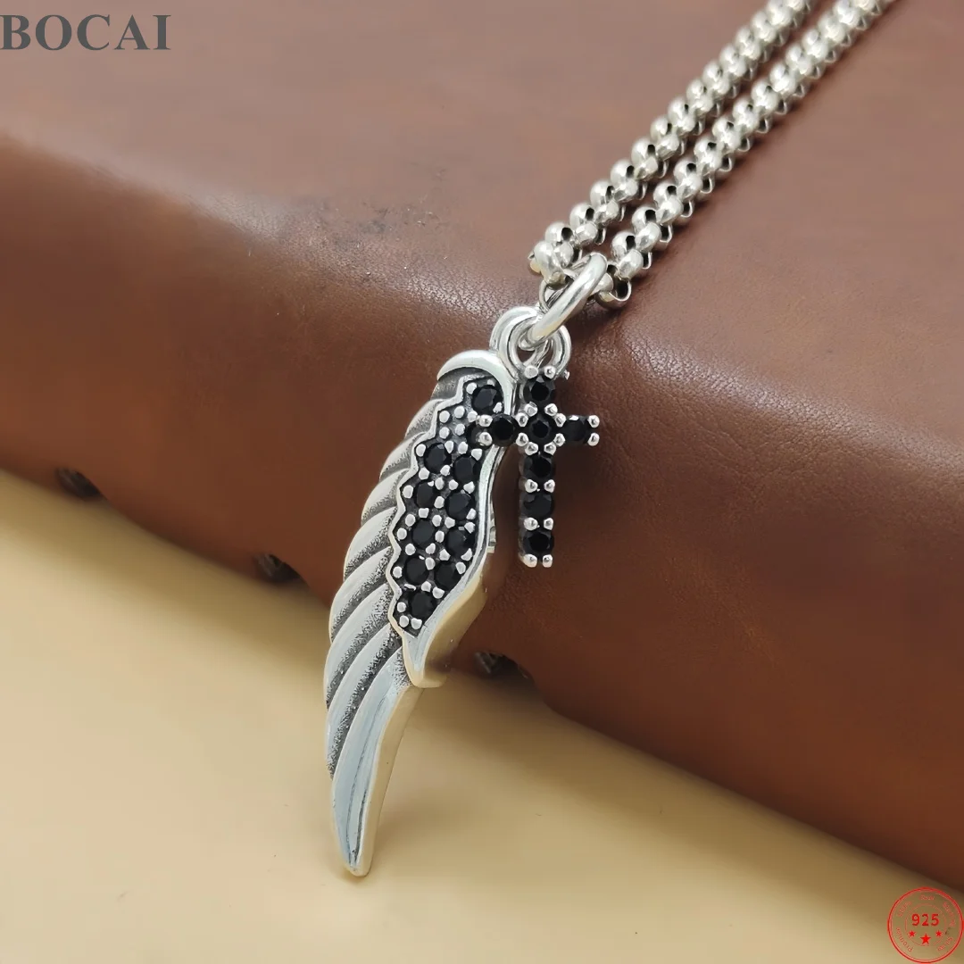 BOCAI New S925 Sterling Silver Charms Pendants for Men Women Antique Wing Black Zircon Cross Cross Amulet Fine Choice Jewelry