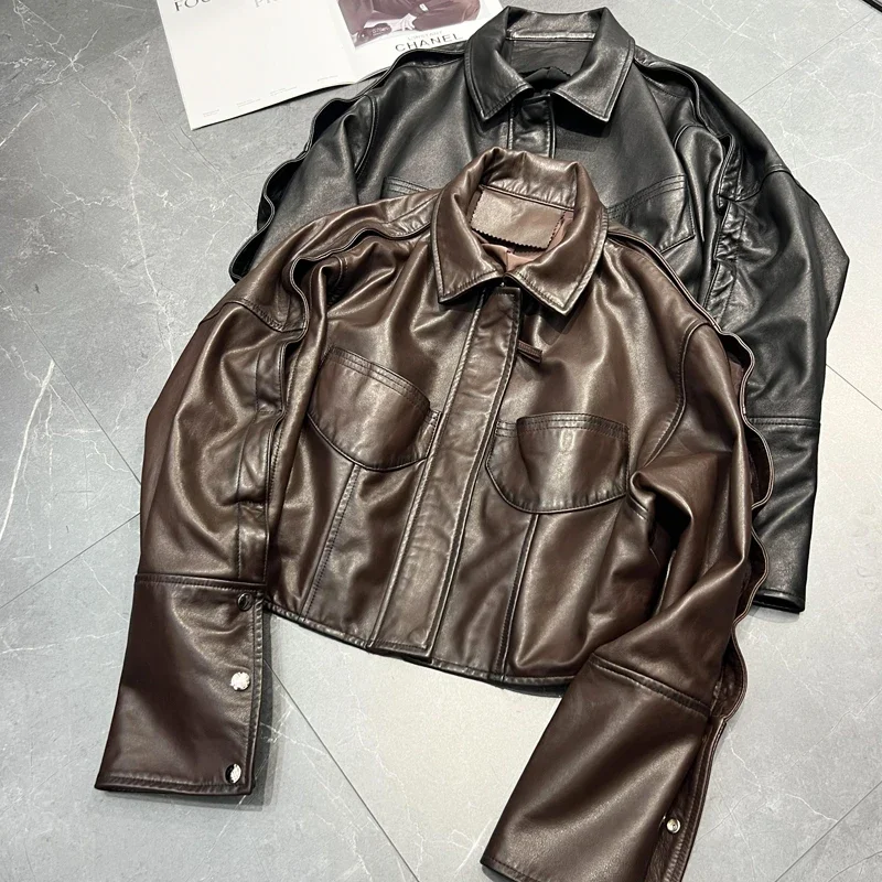 Women Black Genuine Leather Jacket Sheepskin Semi Vegetable Tanned Motorcycle Short New Design Jacket