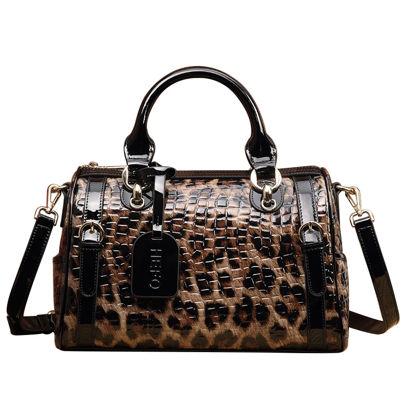 Pure Cowhide Leather Women's Bag Leopard Print Boston Bags Female Genuine Leather Handbag Crossbody Shoulder Bags Women