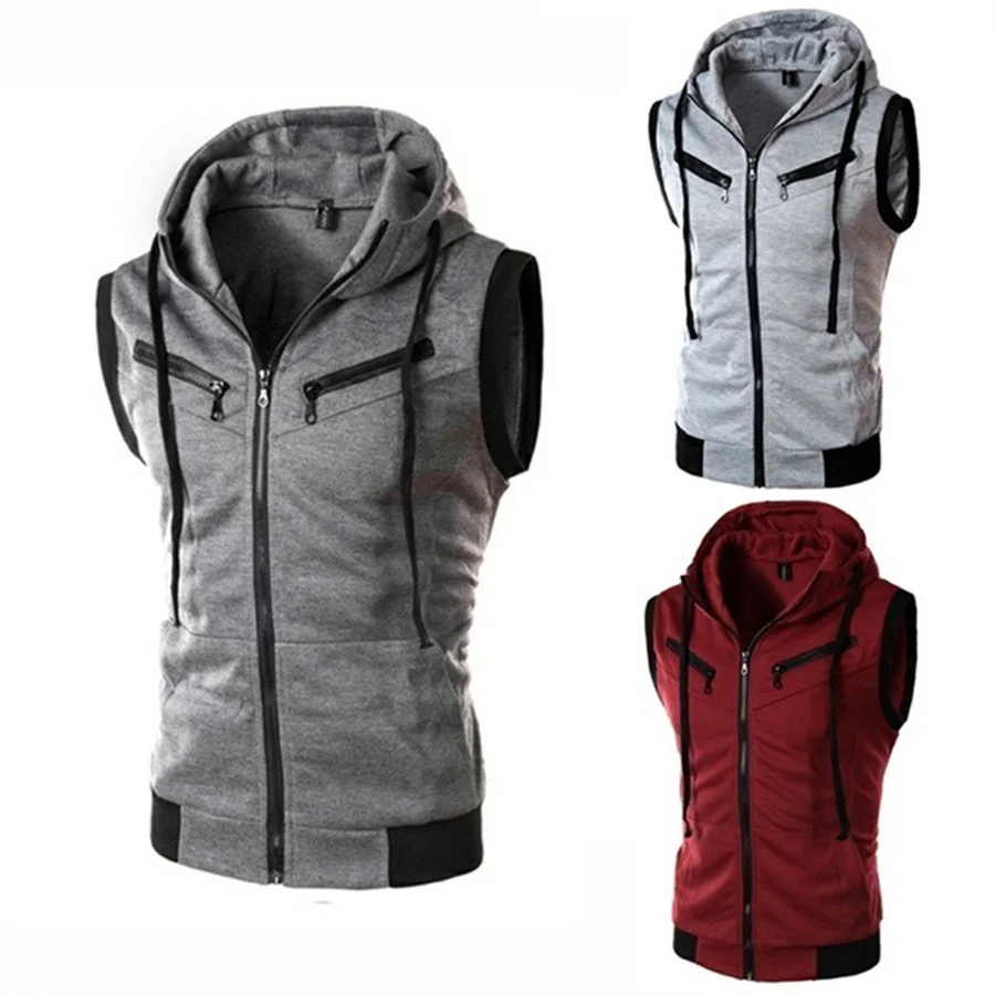 2025 Men's Sleeveless Hooded Vest Casual Zipper Fitness Hoodies Men Slim Fit Tank Tops Sports Waistcoat Casual Streetwear