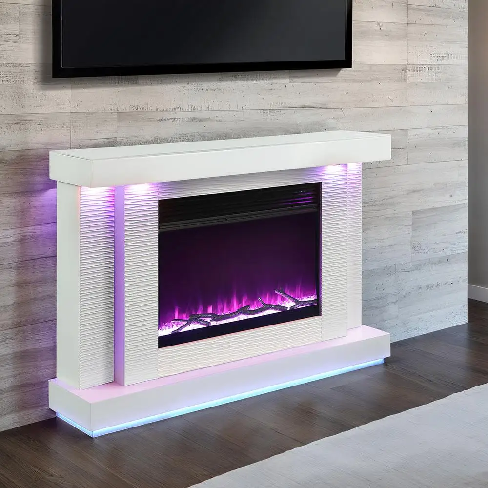 Contemporary White TV Stand Electric Fireplace 55In Media Console 3 Level Flame Brightness Thermostat TV Supports Up to 50In