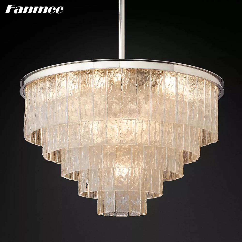 Round Chandelier Lighting for Living Room Glace Textured Glass Modern Light Fixture Nickel Brass Frame Bedroom LED Lustre Lamp