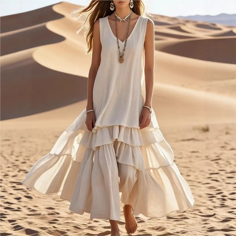 Nouvelle Robe 2026 Couleur Unie Sans Manches à Bretelles Élégante Ample Tendance Confortable Col en V Jupe Large Polyvalente Simple Vestidos