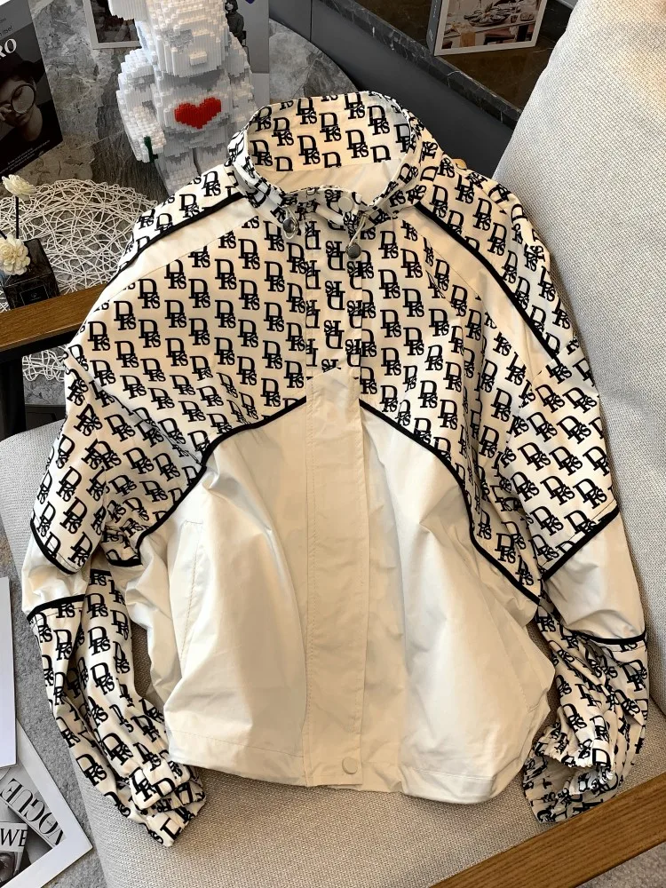 Personalized Fashion Women's Casual Short Windbreaker Letter Jacket Coat Stand Collar Top 2024 Spring and Autumn