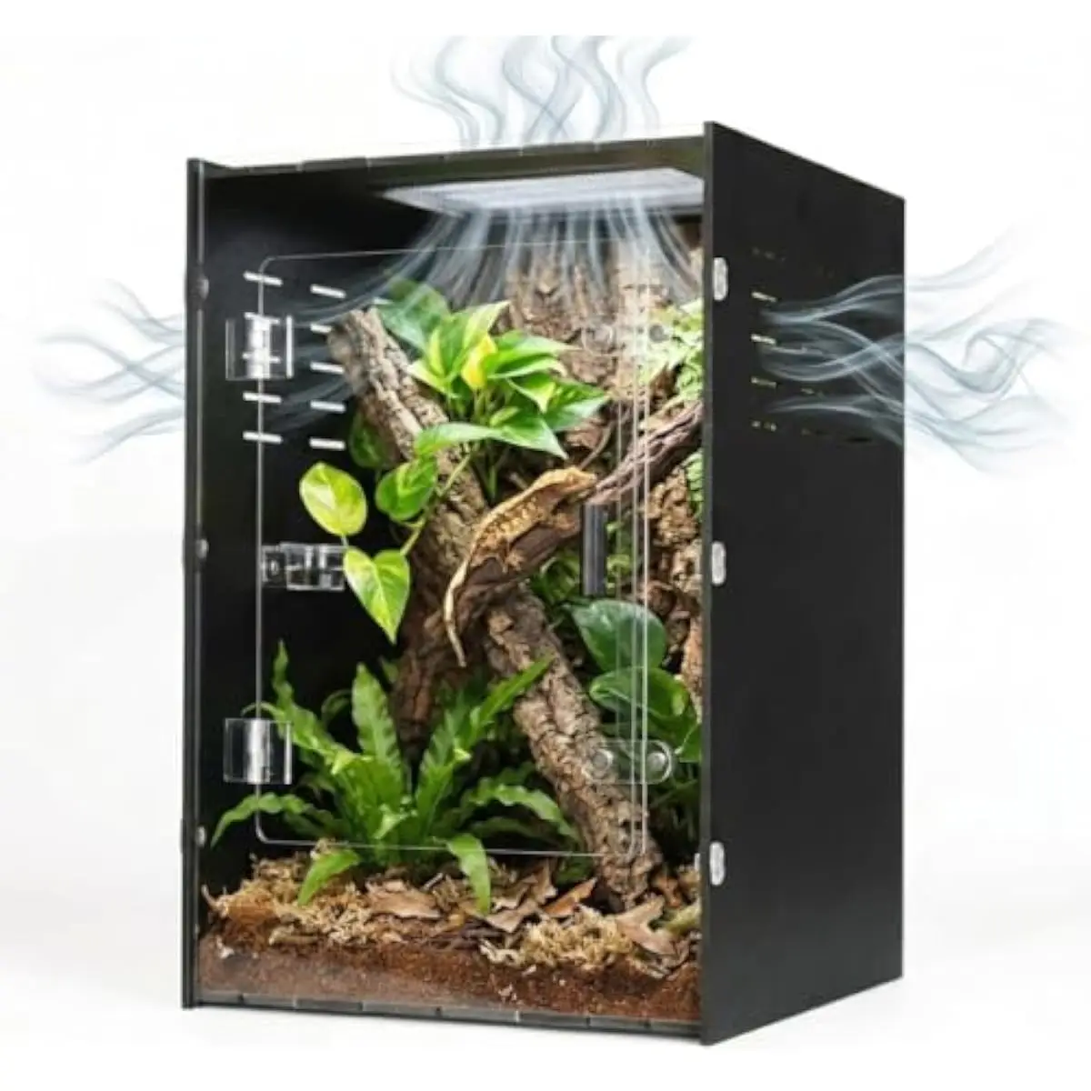 Spacious 25-gallon vertical terrarium measuring 16x16x24 inches for arboreal reptiles; lightweight PVC build with triple-black s