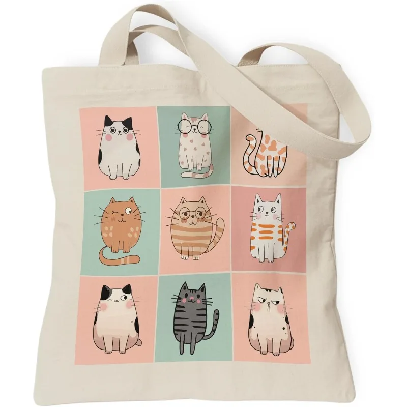 

Холщовая сумка с милым мультяшным принтом кота, 9-сетка, принты котенка, очаровательная женская большая сумка с рисунком кота, повседневная многоразовая сумка для покупок