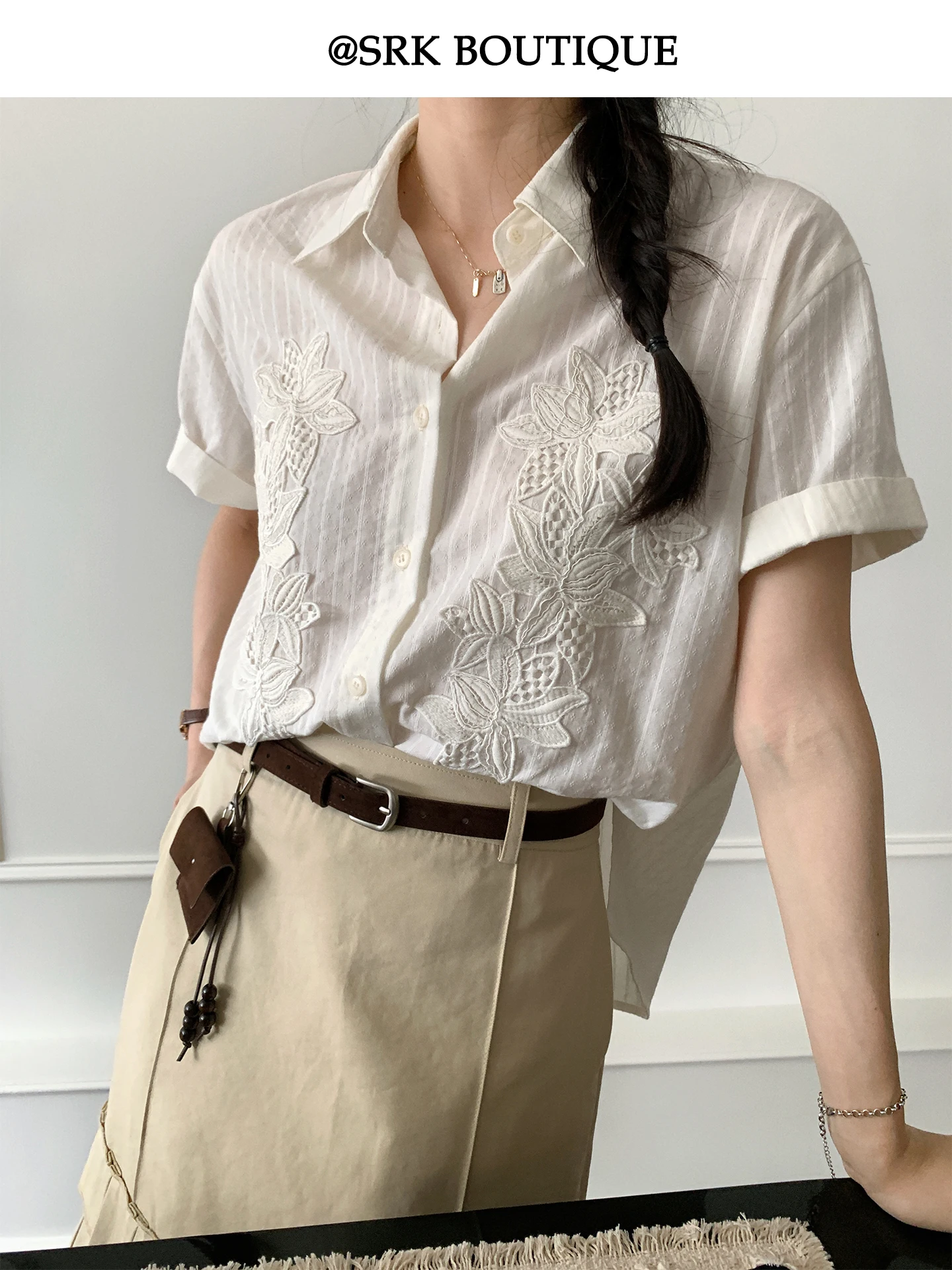 

SRK French Style Loose Fit Striped Shirt Embroidered Patch Casual Cotton Linen Blend Women's Top Floral Pattern Button down