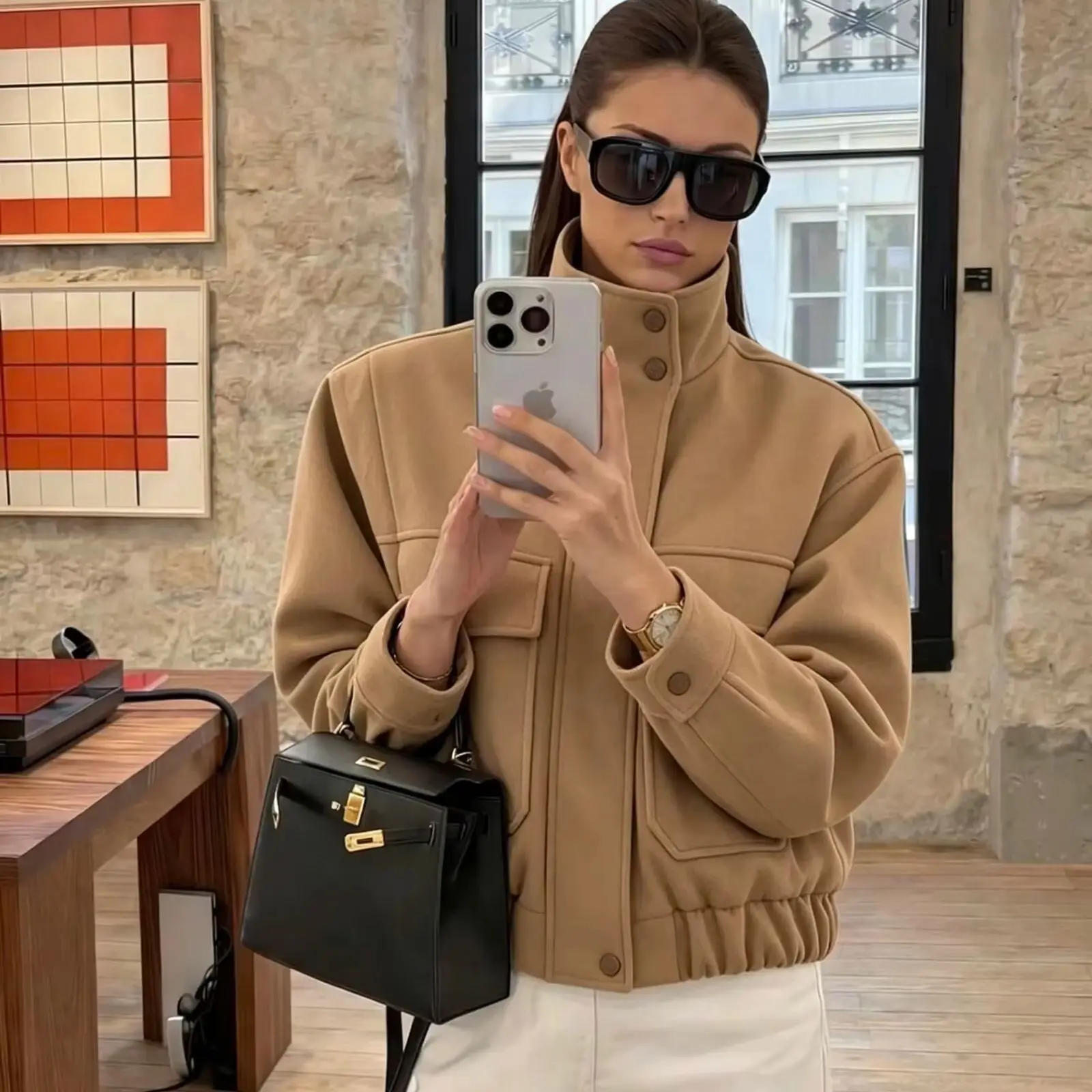 Women's Retro Big Pocket Jacket Autumn Winter Female Stand Collar Jackets With Pockets Lady Thick Pleated Hem Streetwear Jackets