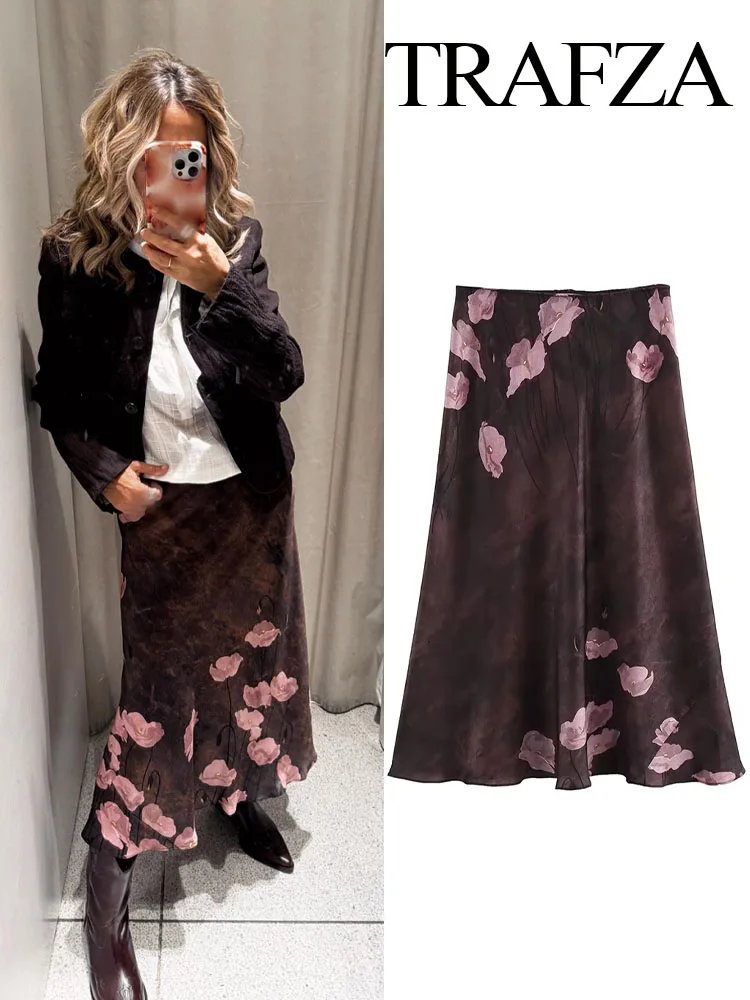 TRAFZA Women's Fashion Versatile Silk Satin Textured Printed Skirts Female Elegant Elastic High Waist Casual A-Line Long Skirt