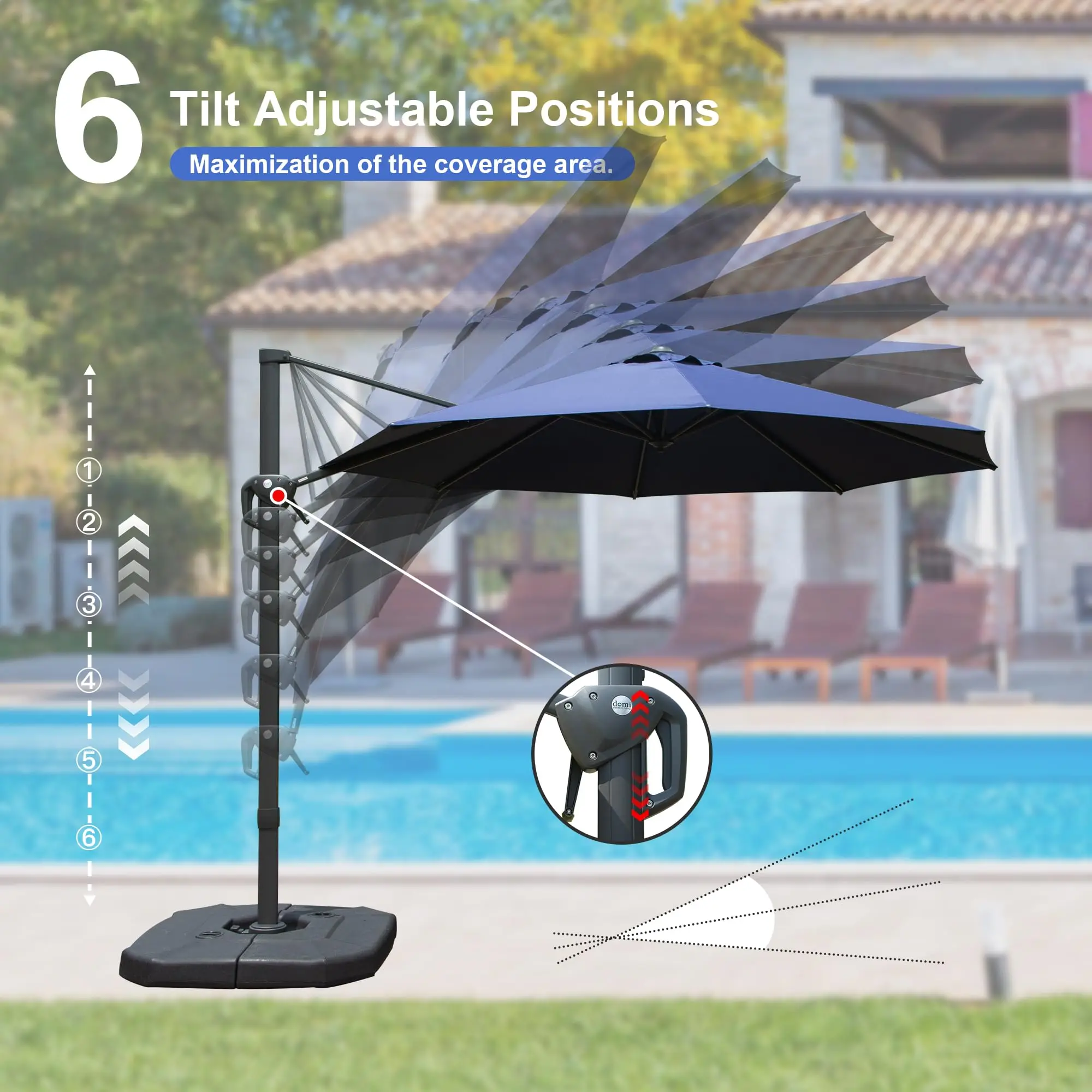 مظلة فناء حديثة من الألومنيوم تدور 360 درجة مقاومة للرياح مظلة ناتئ خارجية لفندق حديقة حمام السباحة