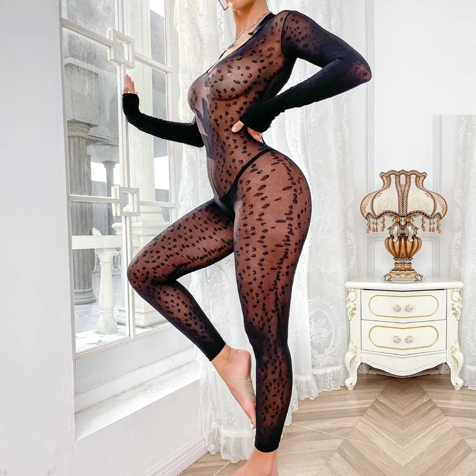 JSY Sexy Lingerie Women Body Underwear Black Leopard Bodysuit Open Crotch Teddy Bodystockings Erotic Lingerie Porno Costumes