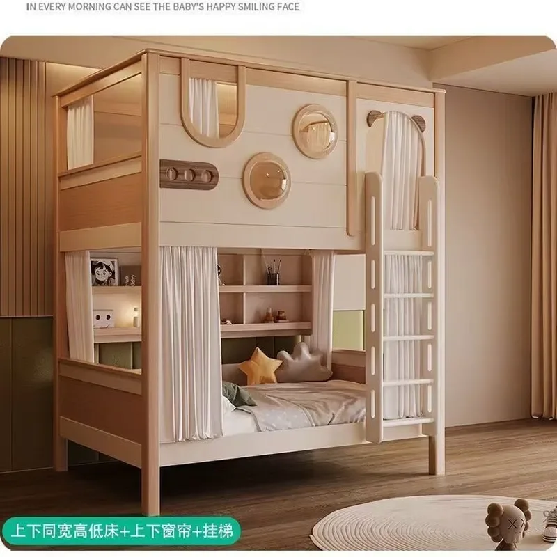 Nordic Solid Wood Bunk Bed High Low Childrens Bed Two Layer Kids Bed with Guardrail for Small Apartment Parent Child Sleeping