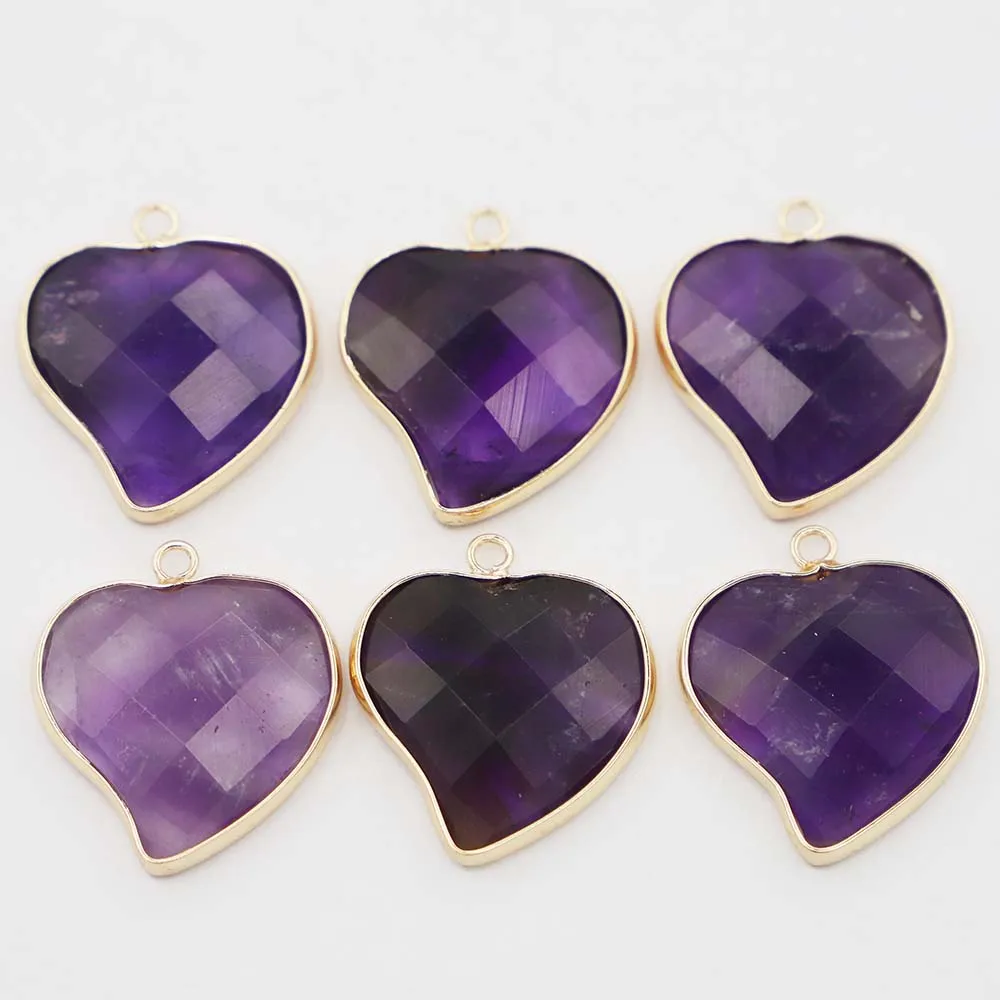 Natural Stone Section Cut Face Amethyst Heart Pendants Charms Gold Wrapping Necklaces Healing Crystal Quartz New Design 6PCS