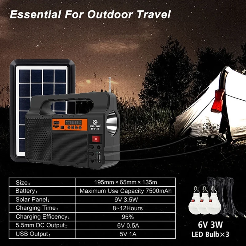 Portable Solar Energy System with 3 Bulbs Lighting Kit Mini 6W Solar Panel Outdoor Emergency Power Supply for Camping Hiking