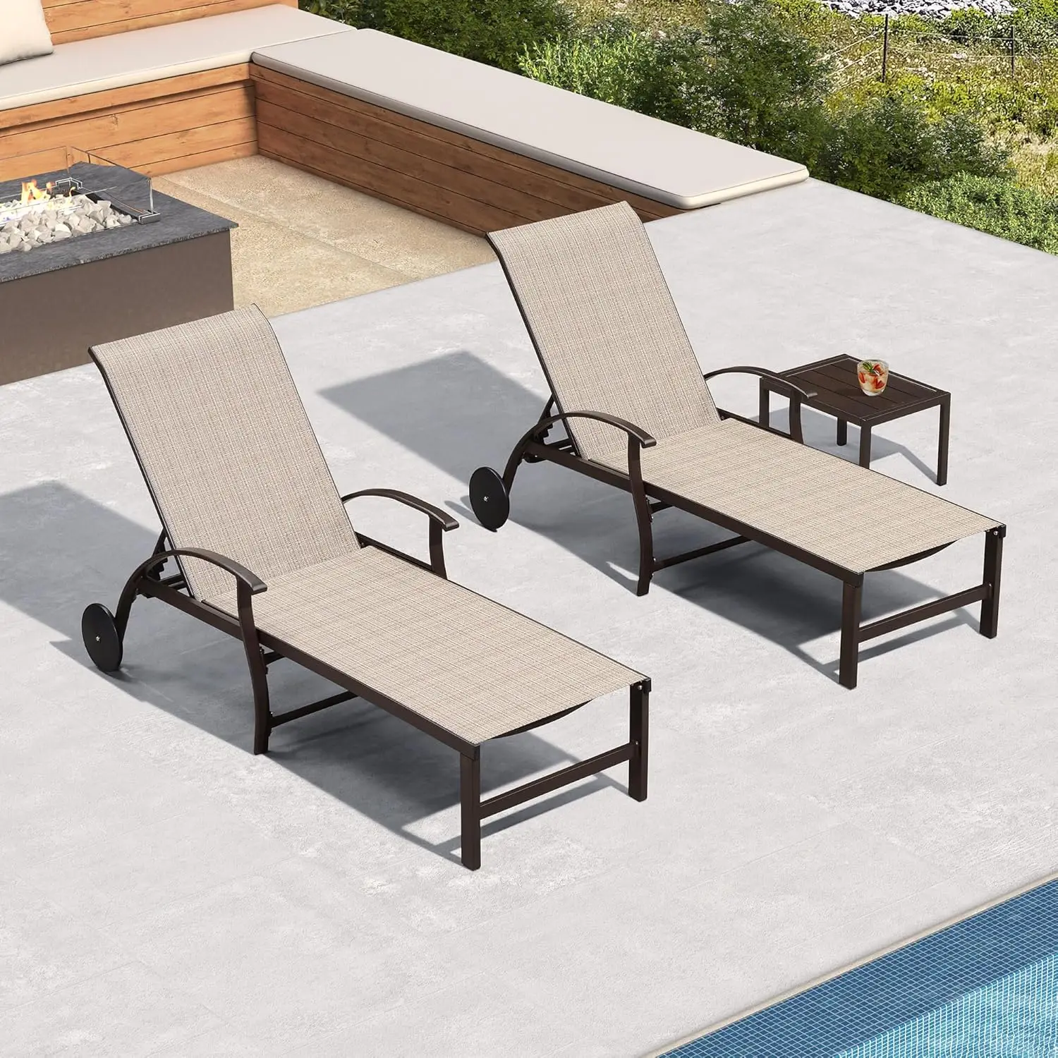 

Outdoor Chaise Lounge Chair Set of 3 Patio Pool Lounger Aluminum Chairs with Side Table and Wheels Light Khaki