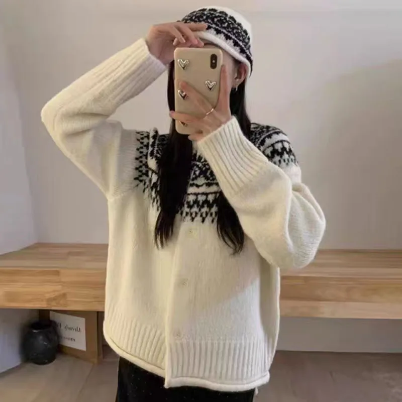 

Вязаный свитер, женские кардиганы, новая лоскутная шапка с длинным рукавом и круглым вырезом, вязаный свитер, кардиган, женские топы, 2025 г., женская одежда Q1512