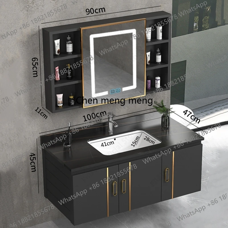 Bathroom Vanity Cabinet Set with Integrated Ceramic Sink Drain Accessories Wall Mounted Aluminum Storage Cabinet Mirror Combo