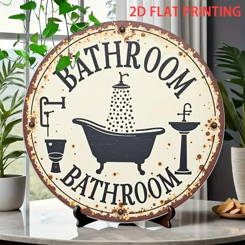 2D Flat, - Vintage Round Wall Decor Featuring Sink, Shower, and Washbasin Icons. This Rustic-style Decoration Is Perfect for Var