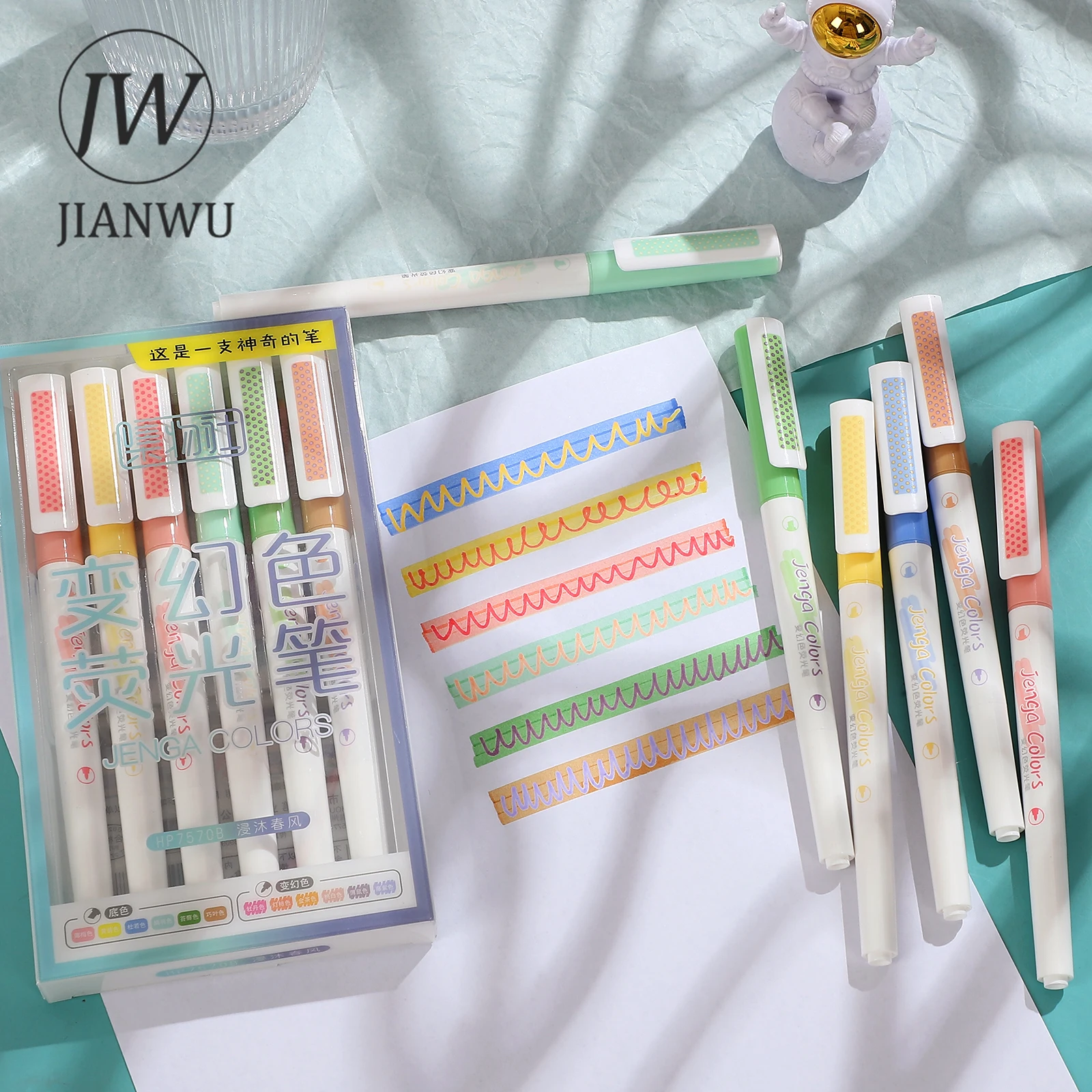 JIANWU 6 Pcs/set Multifunctional Color Changing Double-ended Two-color Highlighter Set Creative DIY Student Supplies Stationery