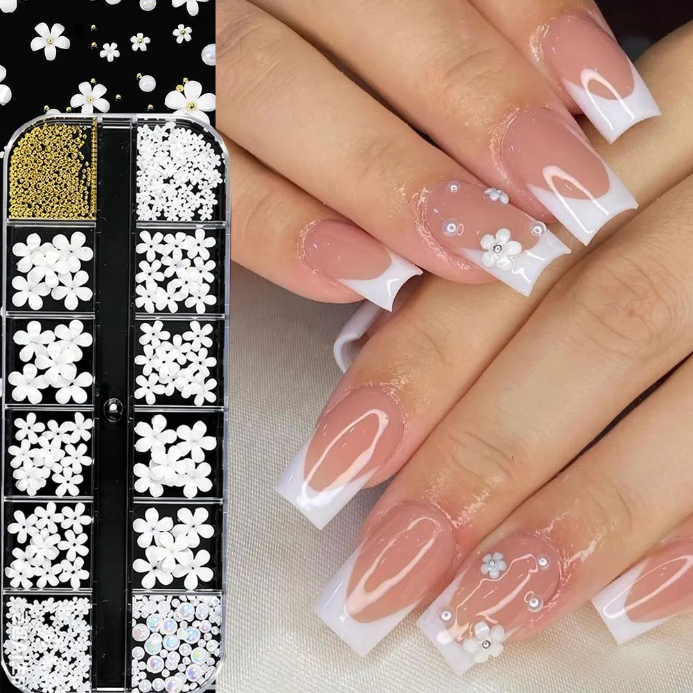 12Grids 3D White Acrylic Flower Nail Charms 3/6/9mm 5-Petal Floral Resin Nail Decorations With Pearls/Beads Summer DIY Nail Part