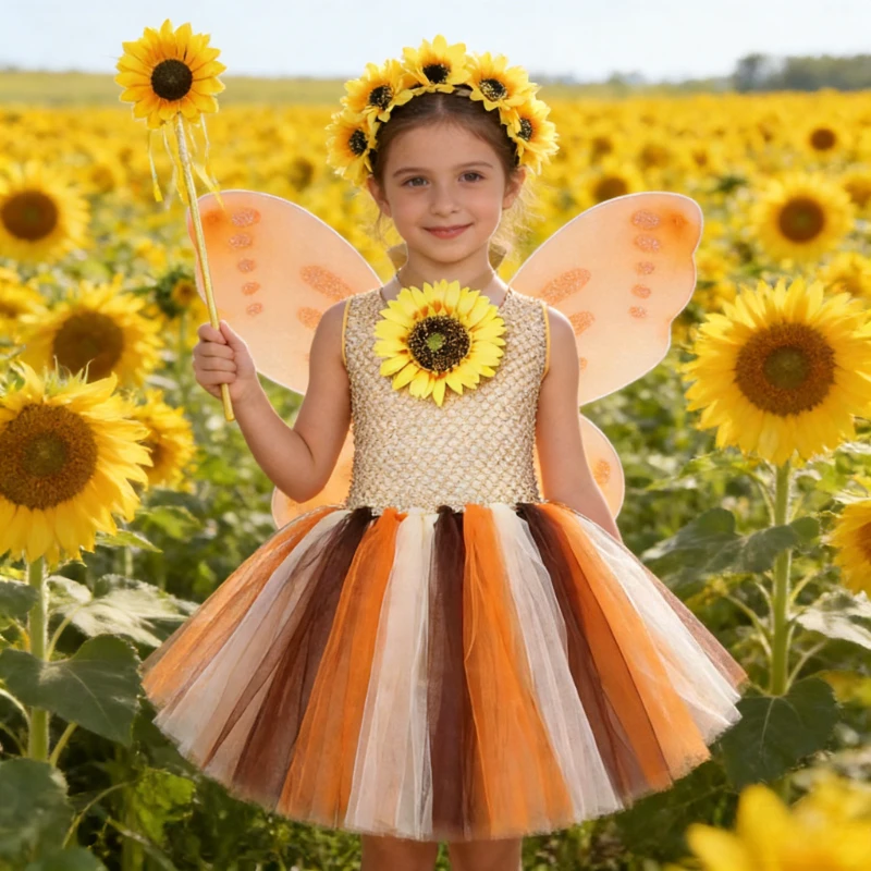 

Sunflower Fairy Princess Dresses for Girls Carnival Outfit with Butterfly Wings Wand for Kids Fall Autumn Thanksgiving Costumes
